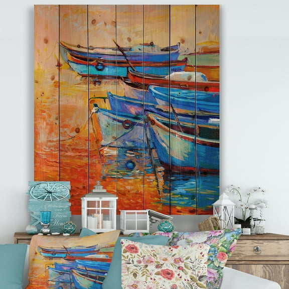 Designart 'Boats During Warm Sunset Resting On The Water VIII' Nautical & Coastal Print on Natural Pine Wood