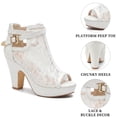 thumbnail image 3 of BLISSFUL STEP Women's Lace Peep Toe Platform Ankle Boots Chunky Heel Adjustable Buckle Strap Vintage Wedding Booties White 7, 3 of 7