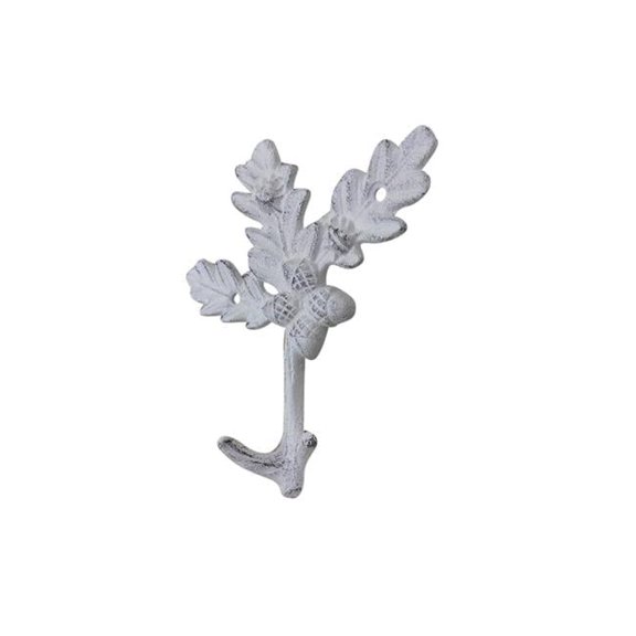 Whitewashed Cast Iron Oak Tree Leaves with Acorns Decorative Metal Tree Branch Hooks 6.5"
