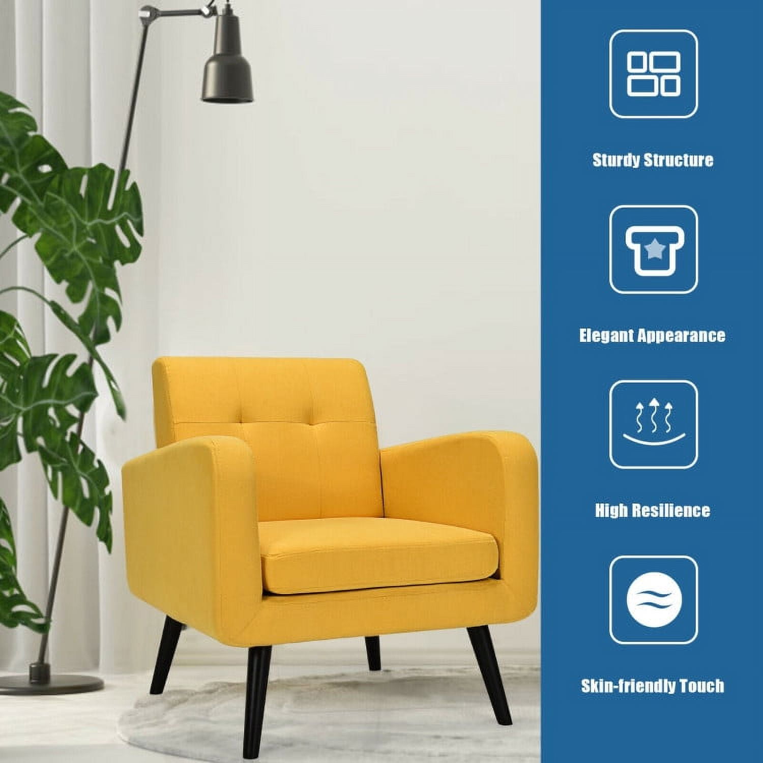Finihen Upholstered Accent Chair, Modern Upholstered Comfy Accent Chair Single Sofa with Rubber Wood Legs, for Living Room, Bedroom, Yellow