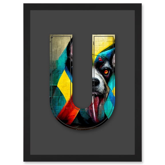 Letter U Dog Tongue Multicoloured Decorative Graffiti Mural Alphabet Initial Stencil Artwork Framed Wall Art Print A4