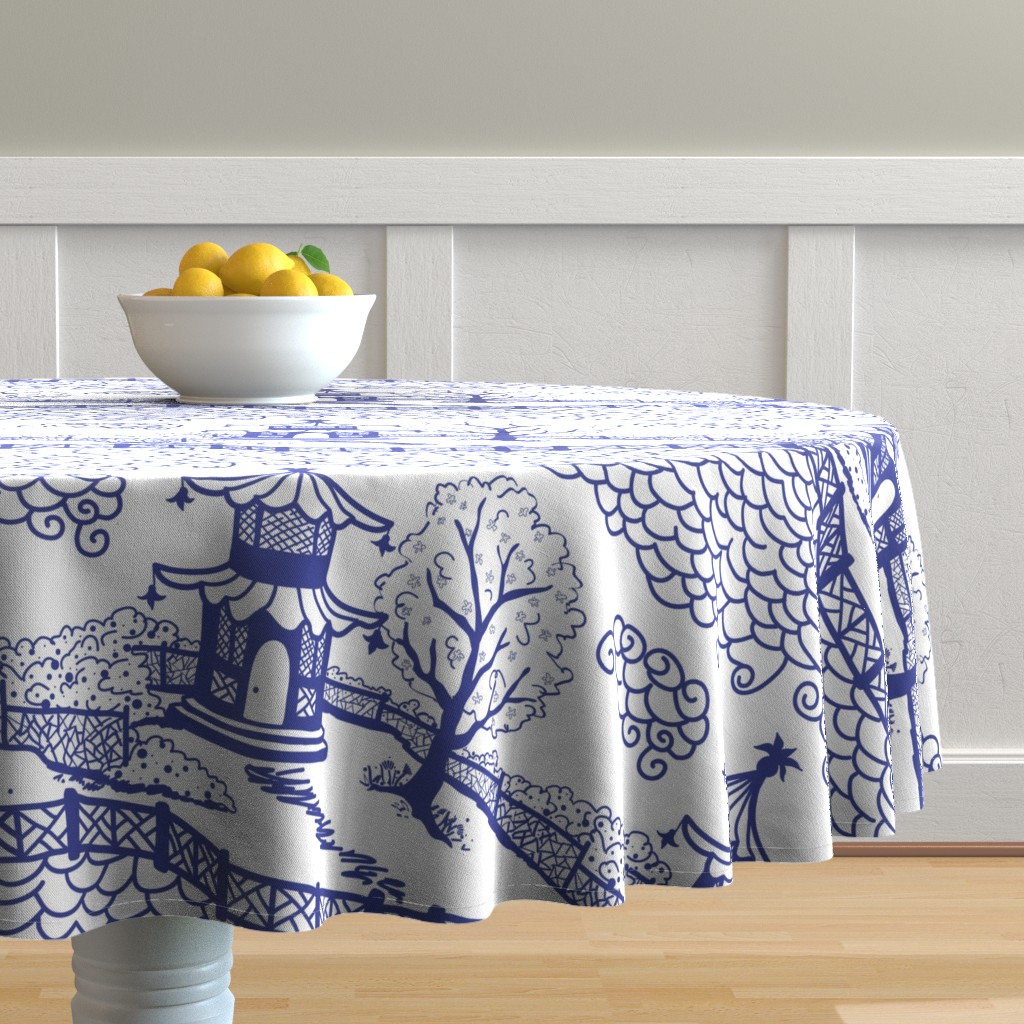 Round Tablecloth Pagoda Chinoiserie Blue White Asian Decor Cotton