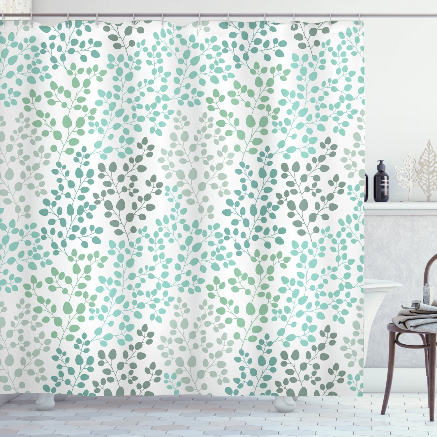 Leaf Shower Curtain, Pattern with Leaf Branches Silhouette Nature Theme