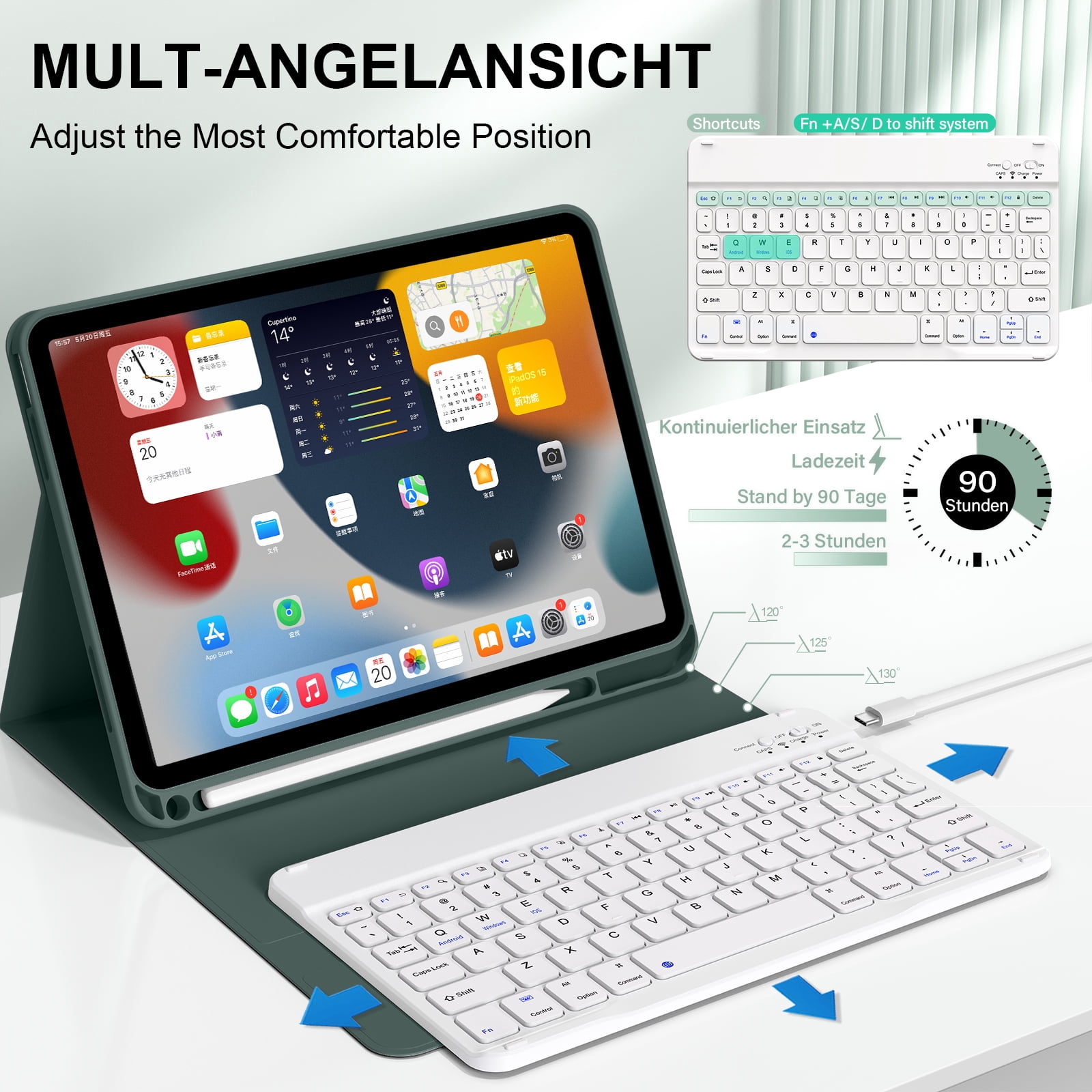 SZPSGC for iPad (A16) 11th Generation Case with Keyboard 11 inch 2025, iPad 10th Generation 10.9 inch Case with Pencil Holder, Multi-Angle Detachable Bluetooth Keyboard,Green