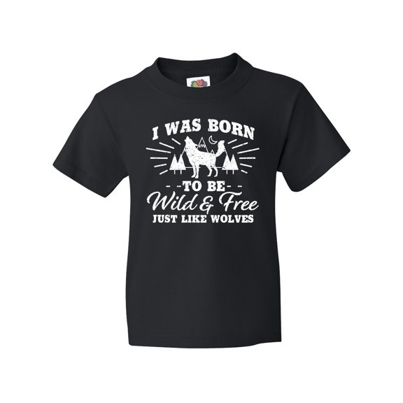 Inktastic I Was Born to Be Wild and Free with Wolf and Mountains Youth T-Shirt