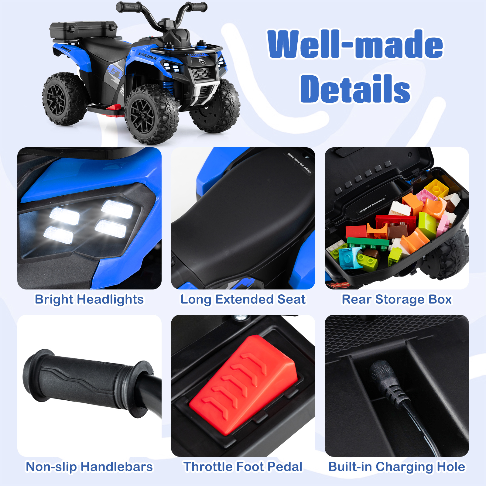 Costway 6V Toddler Ride On Electric Car ATV with Lights & Music & USB Port Storage Box Toy Car Navy