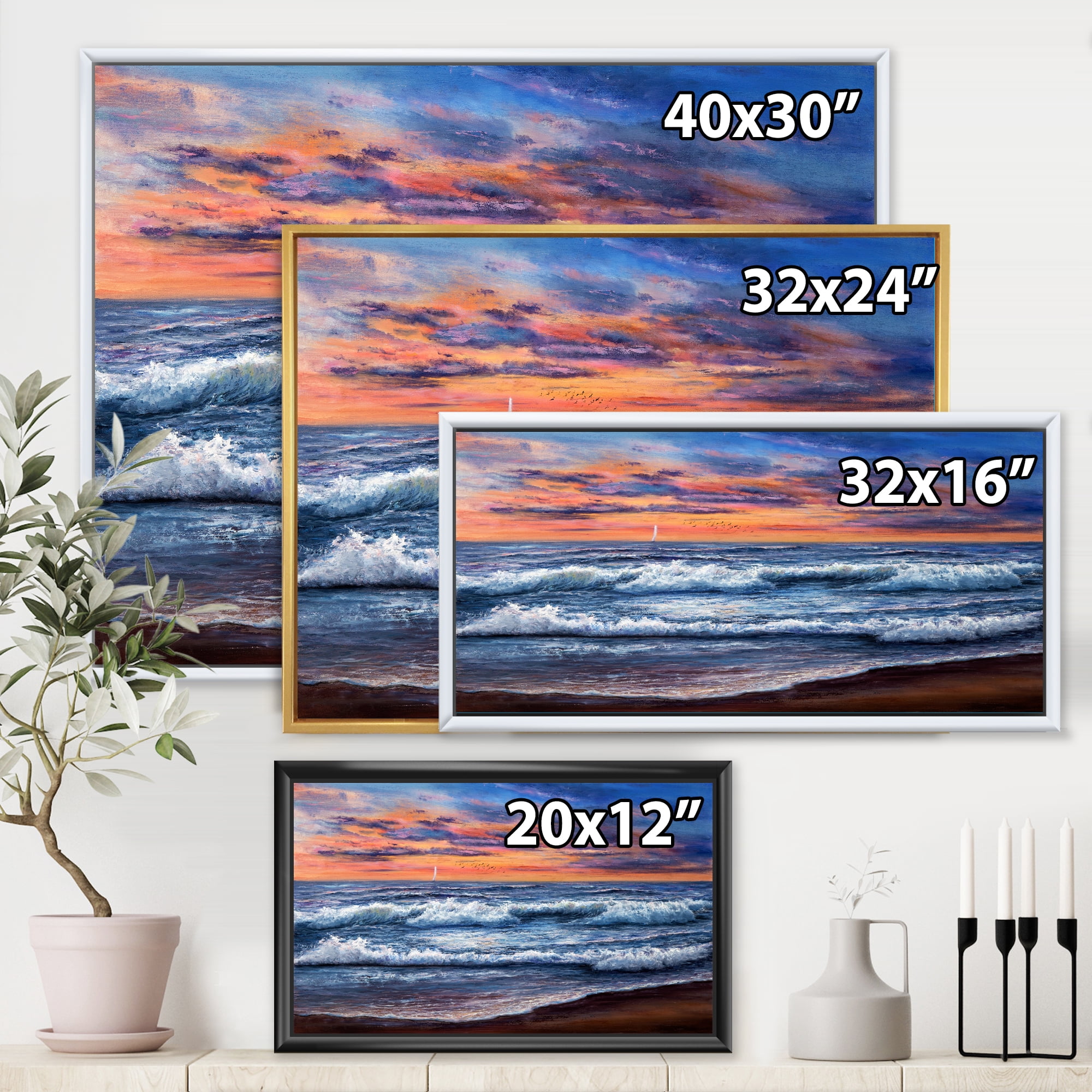 Designart 'The Blue Ocean In Sunset Evening II' Nautical & Coastal Framed Canvas Wall Art Print