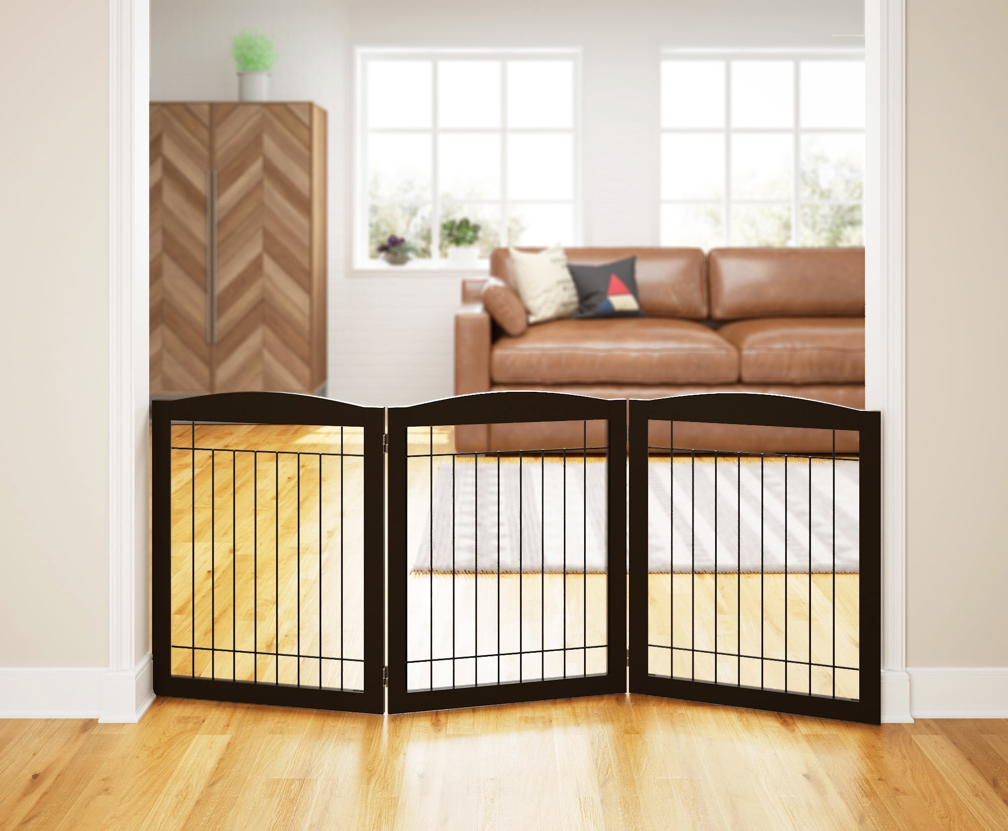 STAROUS Wooden Freestanding Wire Pet Gate for Dogs, 3 Panel Step Over Fence, Dog Gate for The House, Doorway, Stairs, Extra Wide Tall Pet Safety Fence (Espresso, 30" Height-3 Panels)