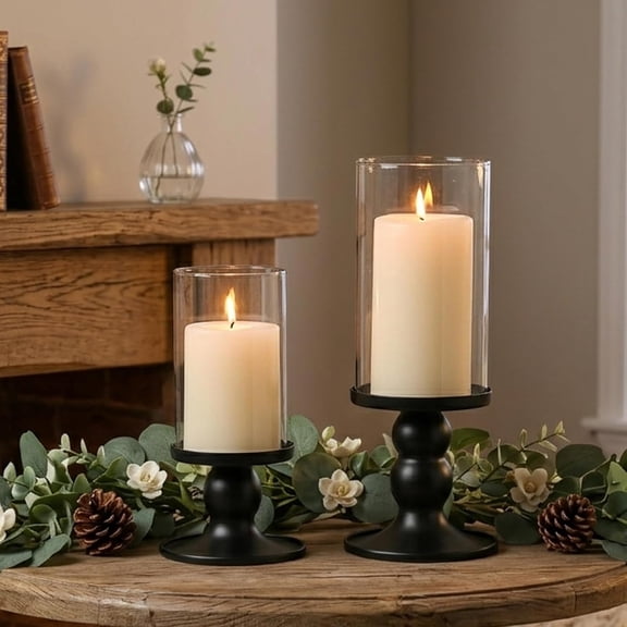 KEAWIS 2 Pcs Hurricane Candle Holders for Pillar Candles Black Metal Candle Holders with Clear Glass Sleeve Table Centerpieces Home Wedding Holiday Party Decor