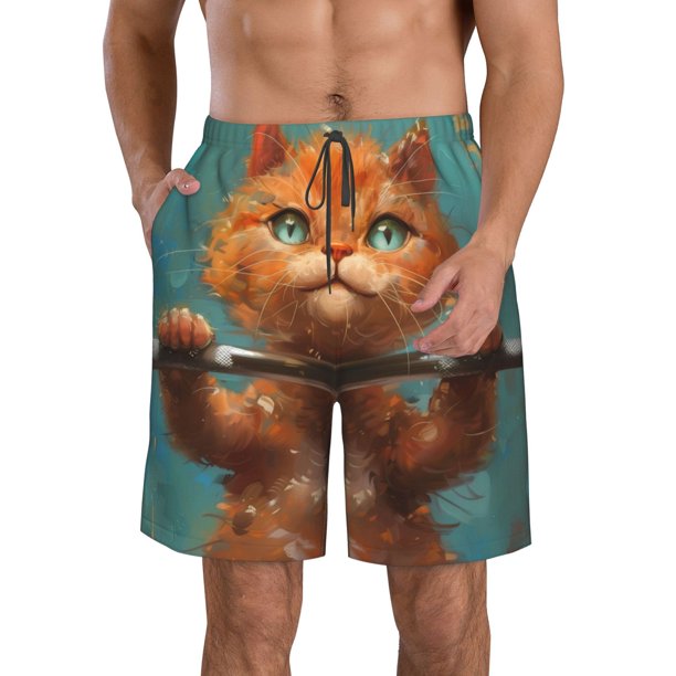 Fotbe Strong Kitten Lifting Weights Trajes de Baño Estampados para Hombre, Shorts de Verano de Secado Rápido, Ropa de Playa, Bañadores-Large