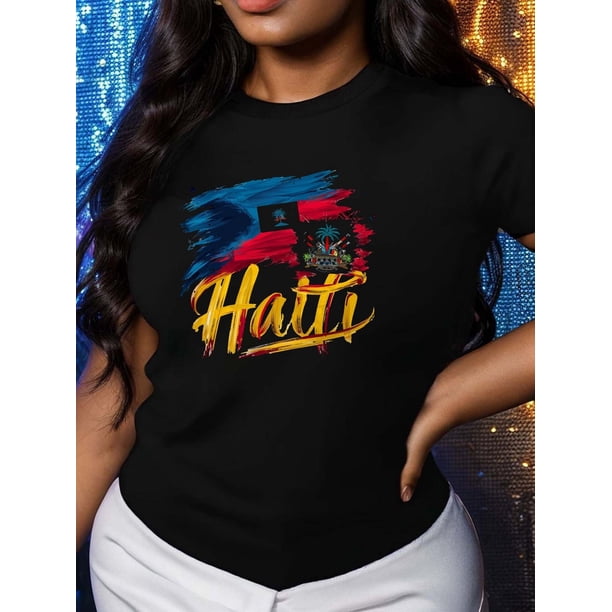 Women's Haitian Flag Graphic T-Shirt | 100% | Comfort Fit | Round Neck | Casual | Multi-Color Geometric Design | Machine Washable | All-Season Wear, Haitian T Shirt