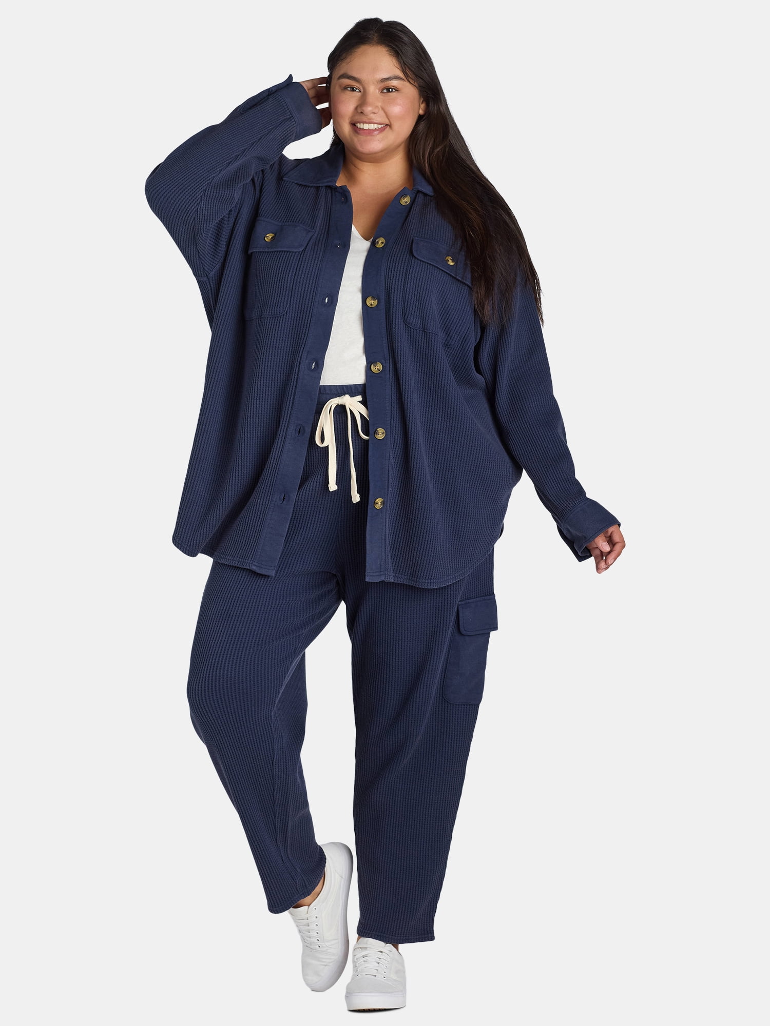 Terra & Sky Women's Plus Size Pull On Waffle Knit Cargo Pants, 27” Inseam, 0X-4X