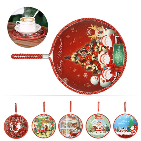 Christmas Double-Faced Ceramic Cork Round Coaster Heat Resistant Water Absorbent Pan Cup Mat with Hanging Rope Christmas Ornaments Random