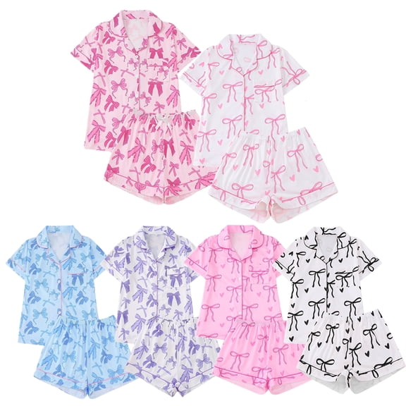 Emy Dola S-2XL Women Summer Pajamas Set Short Sleeve Button Down Loungewear Sets 2 Pieces Pjs Set Bowknot Valentine's Sleepwear
