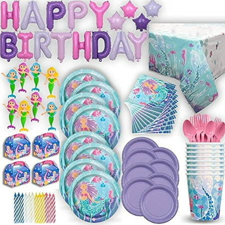 Happy Birthday Chat Mermaid Party Set 16 Guest - Ultimate under the Sea Birthday - Small and Large Plates, Cups, Napkins, Tablecover, Cutlery, Foil Balloon HAPPY BIRTHDAY Banner, Favor Boxes, Mini Bendable Dolls, Candles ()