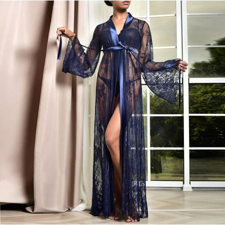 

Ykohkofe Long Sheer Boudoir Wedding Kimono Floor Length Lace Bridal Bath Robe Lingerie