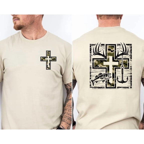 Christian Hunting T-Shirt – Camouflage Cross Deer Hunter & Fishing Graphic Tee, Jesus Faith Outdoor Shirt for Men, Christian Fisherman & Hunter Dad Gift