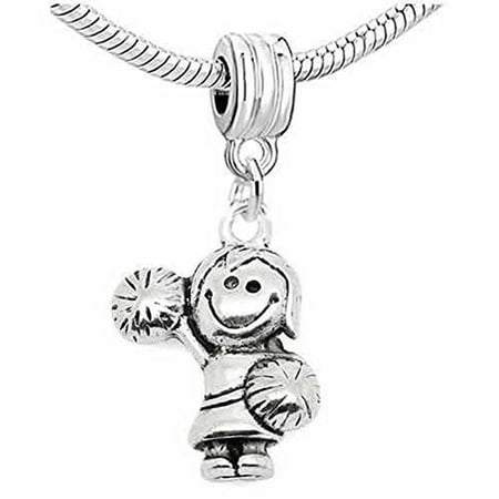 May Bead Girl Charm - 3D Cheerleader Cheer Girl with Pom Poms Dangle European Bead Compatible for Most European Snake Chain Charm Bracelet
