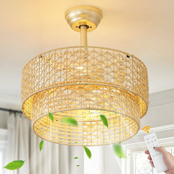 20" Boho Ceiling Fans with Lights, Bamboo Weaving Chandelier Ceiling Fan with Light Remote Control, Caged with 6 Speeds for Bedroom, Nursery