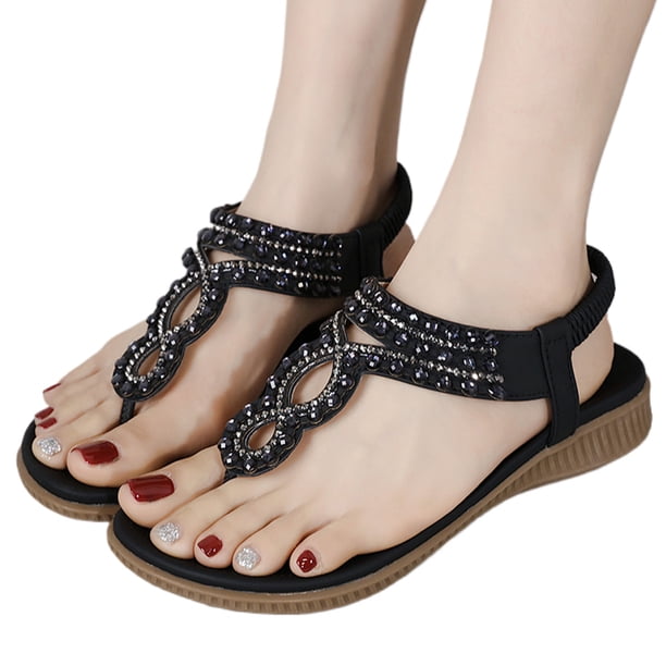 Sandalias Bohemio Rhinestone Cómodo Punta Redonda Pisos junto al mar (Negro 40)【1916-6】