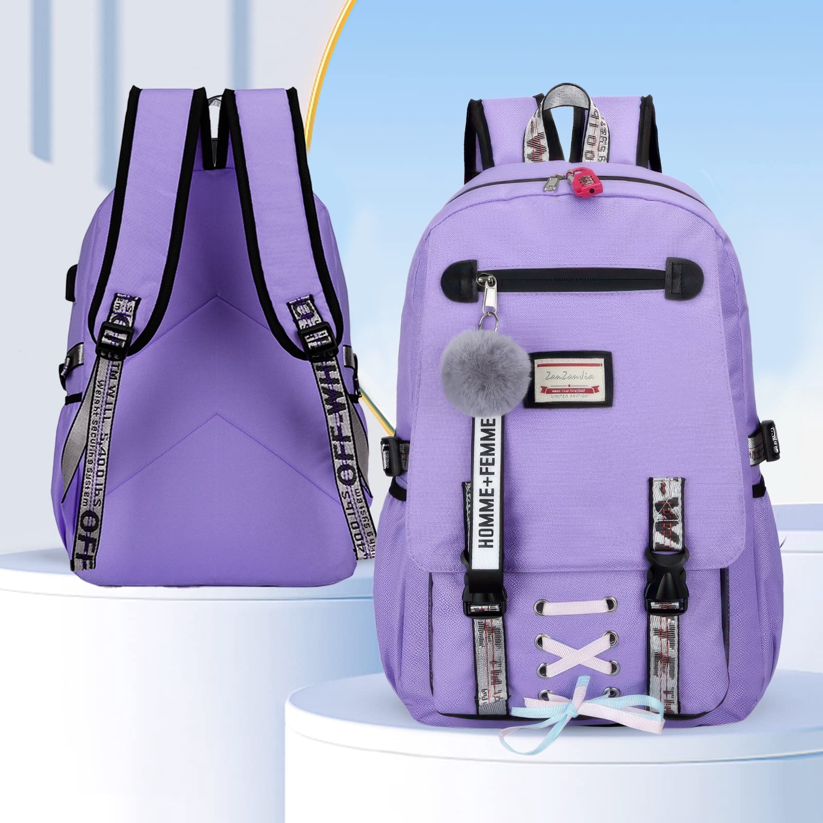 DAKIMOE Fashion Teenage School Backpack Student Middle School bag Men and Women Anti-theft Laptop Backpack with USB Charging Port, Purple