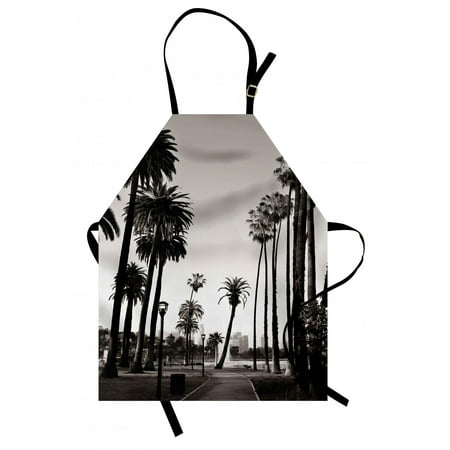Palm Tree Apron Los Angles Downtown Park View Tropical Nature California American Landmark, Unisex Kitchen Bib Apron with Adjustable Neck for Cooking Baking Gardening, Dark Brown White, by
