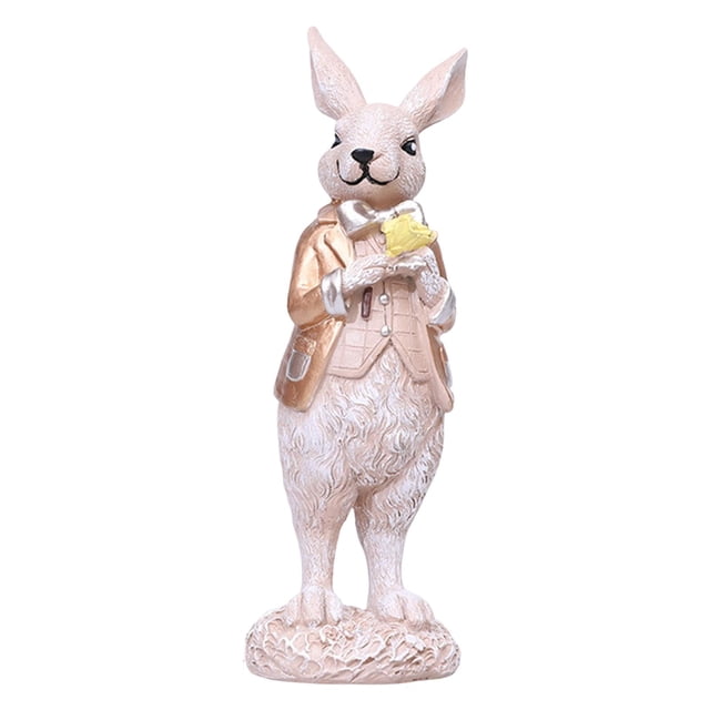 Estatua de conejo de Pascua, figura de conejo, escultura de animal, adorno de mesa para escritorio Corazón de plata