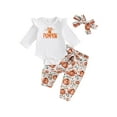 thumbnail image 2 of Aojekbee Baby Girl Halloween Outfit, Letter Long Sleeve Romper Flower Elastic Waist Pants Headband for Fall, 2 of 10