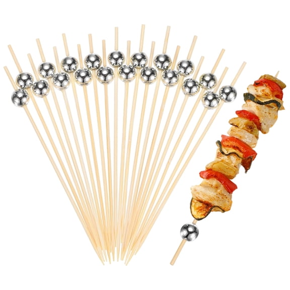 Uxcell 100-Pack Cocktail Picks, 4.7 Inch Long Bamboo Fancy Toothpicks for Barbecue/Charcuterie Boards/Drinks/Fruit [Silver Plated, Bead]