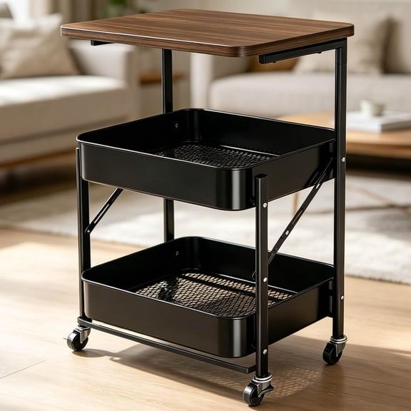 Zehiseta 2-Tier Foldable Rolling Storage Cart with Wooden Tabletop, Mobile Utility Organizer Cart for Home Office