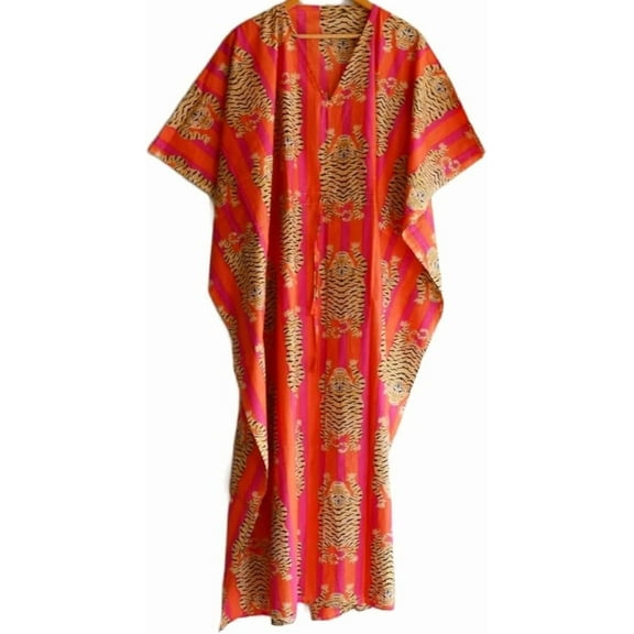 Indian Printed Handmade Kaftan Dress Long Top Caftan, Dress Beach Cover up, Hand Block Print Sleepwear Maxi Dress Kimono Robe Multi