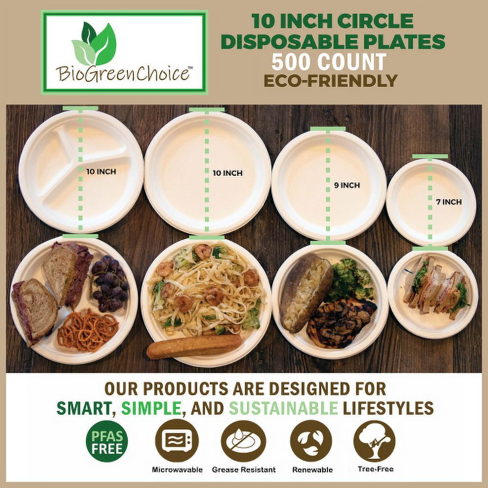 BioGreenChoice Eco-Friendly White 10 in. PFAS-FREE Fiber/Bagasse Disposable Plates (500 count), Heavy Duty Paper Plates- Microwave safe (10 inch)