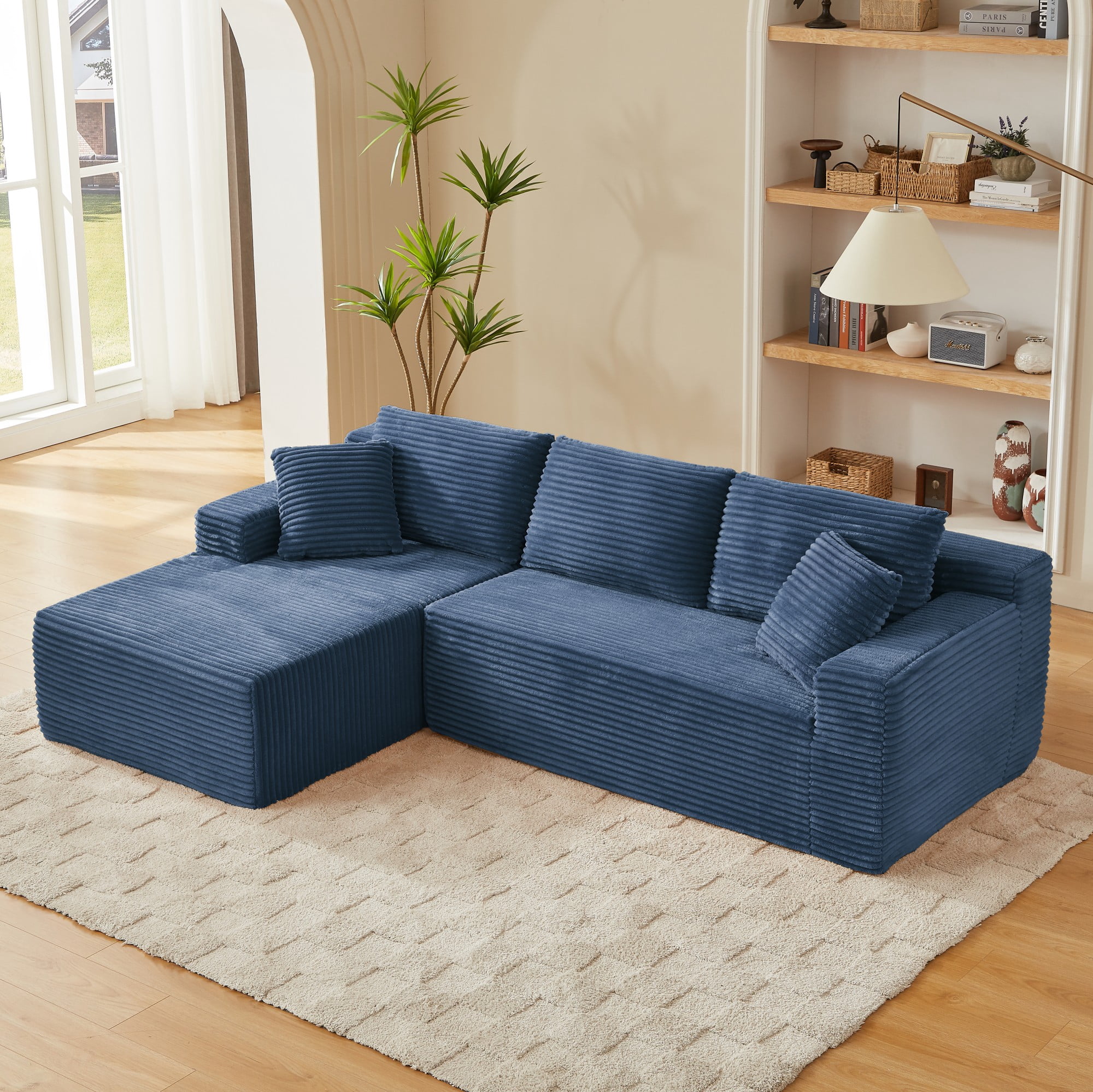 Aukfa 103" Modular Cloud Sectional Sofa, L-Shaped Boneless Couch with Left-Facing Chaise, Deep Seat Corduroy Sleeper Sofa for Living Room, Blue