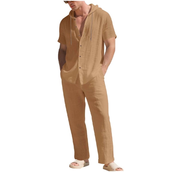 Purcolt Mens Summer 2 Piece Sets Comfortable Button Down Hooded Shirts and Loose Fit Pants Sweatsuit Casual Beach Pants Outfits