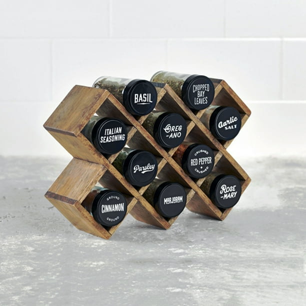 Kamenstein Criss Cross Pine Spice Rack with 10 PreFilled GlassJars
