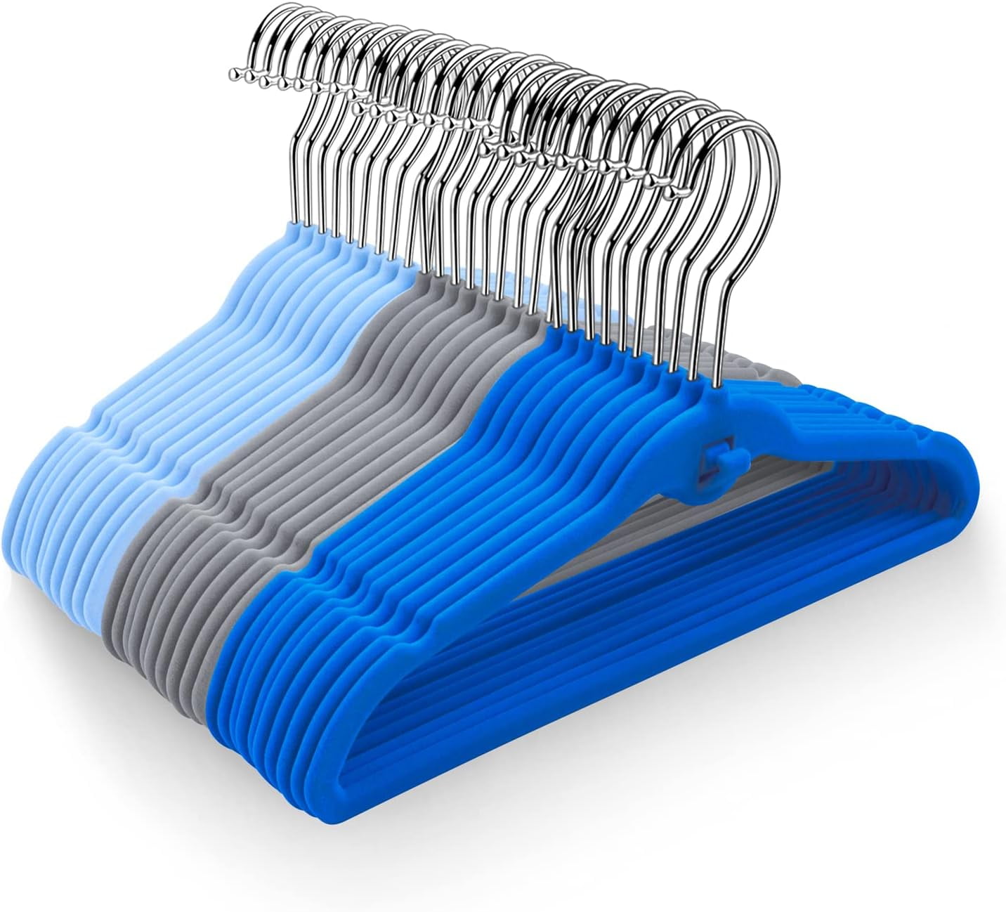 Pack of 30 Kids Velvet Hangers, Non-Slip Space-Saving with Cascading Mini Hooks, Multi-Color (Navy Blue, Light Blue and Grey) Baby and Toddler Clothes Organization