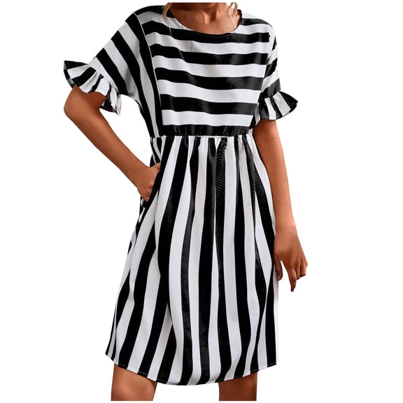WREESH Womens Dress Fashion Casual Spring and Summer Short Sleeve Round-Neck Stripe Splicing Dress Black