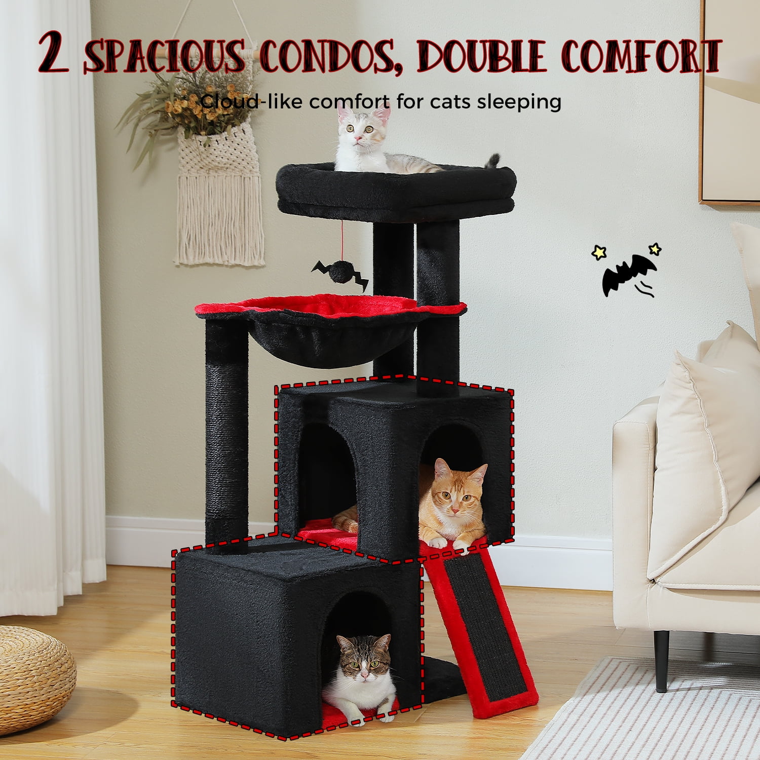 Pefilos 41" Multi-Level Cat Tree Tower with 2 Condos for Indoor Cats, Cat House with Hammock, Padded Perch, Scratching Pad, Black