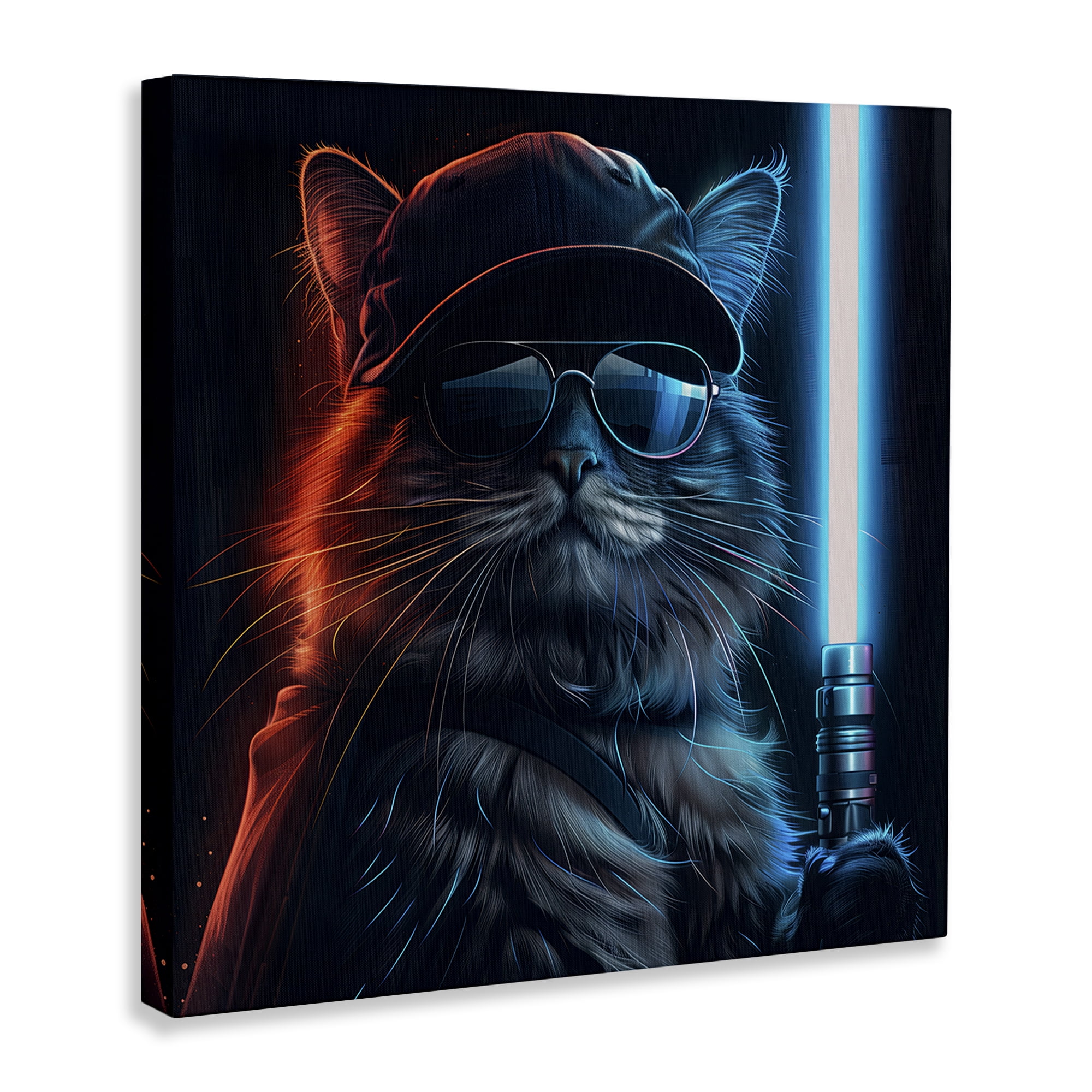 Stupell Industries Sci-Fi Cat with Glowing Saber Fantasy & Sci-Fi Painting Wrapped Canvas Art Print Wall Art, 17 x 17