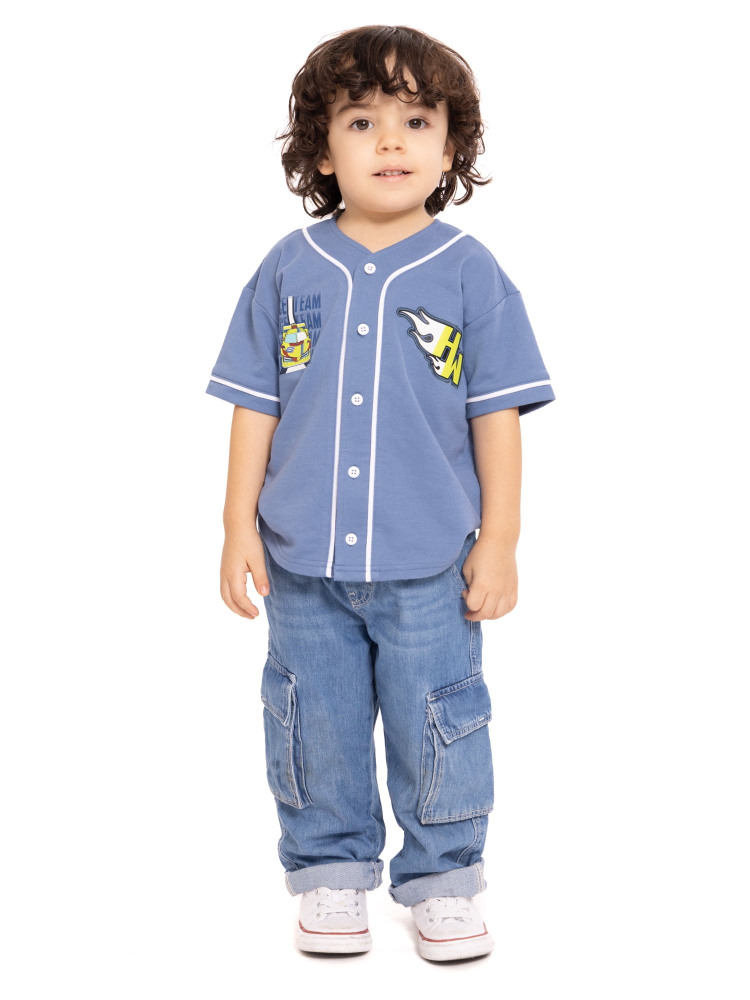 Hot Wheels Toddler Button Down Baseball Jersey with Short Sleeves, Sizes 12M-5T