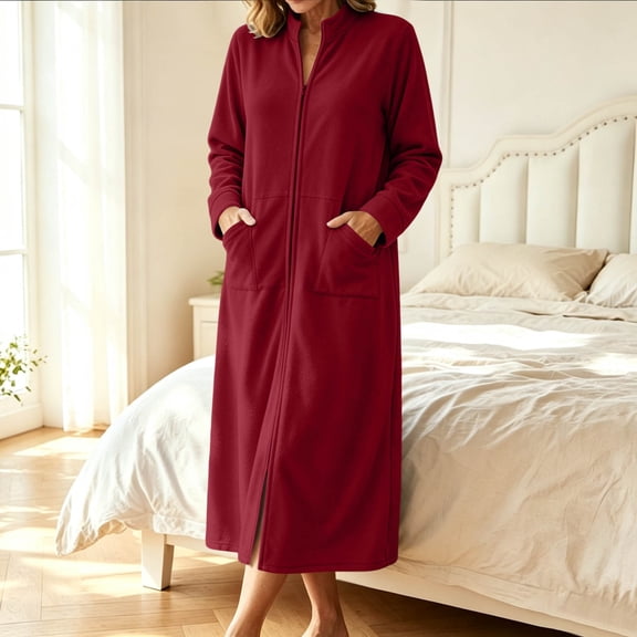 ZyeKqe Long Sleep Shirts for Women Full Zipper Long Sleeve Stand Collar Casual Winter Loungewear Warm Nightgown with Pockets