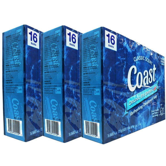 3 Pack - Coast Refreshing Deodorant Soap - Bar Soap with Thick Rich Lather - Clean Rinsing Formula for Fresh, Non-Dry Skin - Classic Scent - 16 x 4 oz