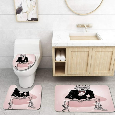 GOHAO Indie Hipster Portrait Sitting Wild Wolf Glasses Smart Casual Outfit Baby Pink Black 3 Piece Bathroom Rugs Set Bath Rug Contour Mat and Toilet Lid Cover