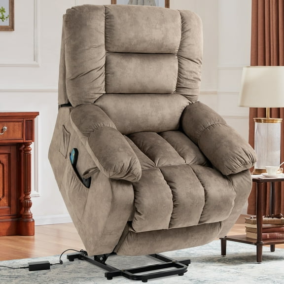 PAPROOS Recliner Chair, Electric Power Lift Recliner with Heat Therapy and Massage Function, Large Size Lift Chair with Remote and Side Pocket,Oversized Power Reclining Sofa, Camel