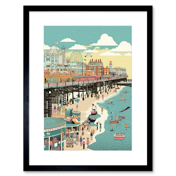 Brighton Beach Pier and Sandy Summer Scene Artwork Framed Wall Art Print 9X7 Inch