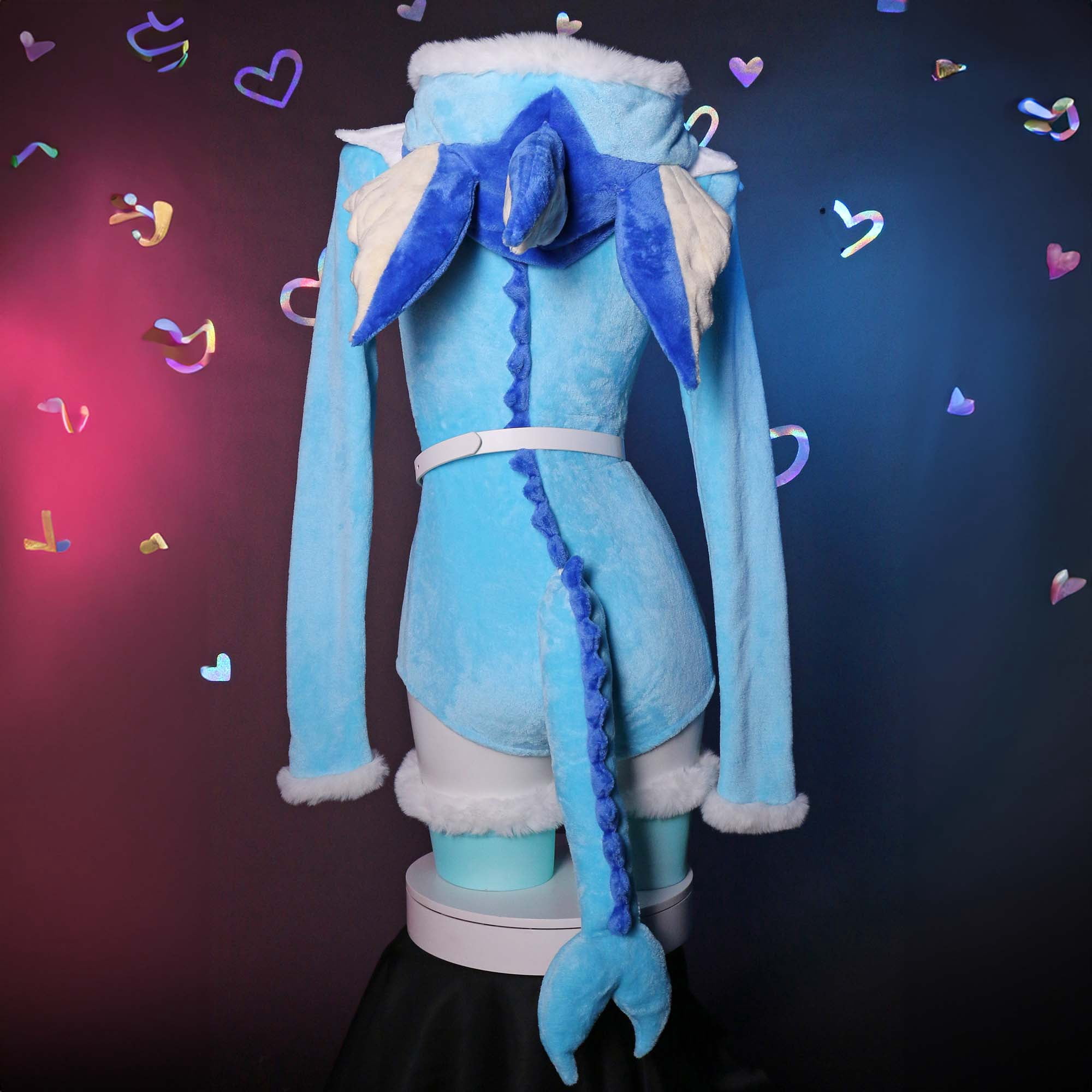 MOBBUNNY Women's PM Derivative Fluffy Bodycon Romper Sexy Lingerie Blue Furry Hooded Bodysuit Jumpsuit Homewear with Tail Belt and Socks, 3X4X