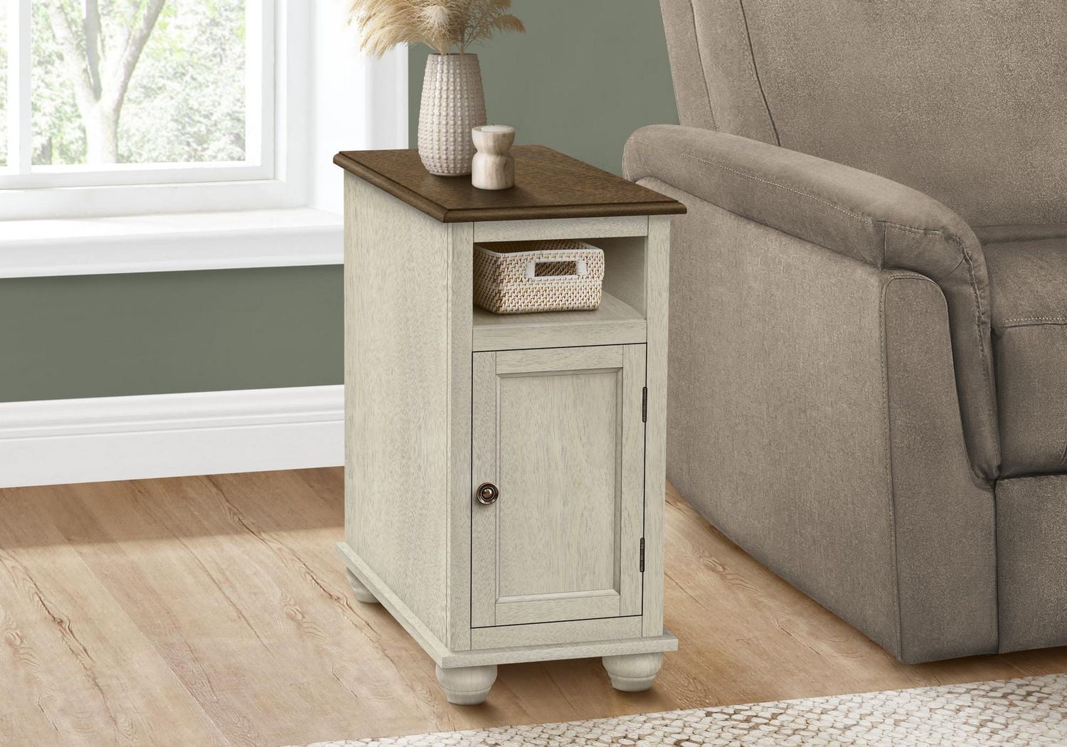 Monarch Specialties Accent Table, End, Side Table, Bedroom, Nightstand, Narrow, Lamp, Storage, Antique White Veneer, Brown Veneer, Traditional