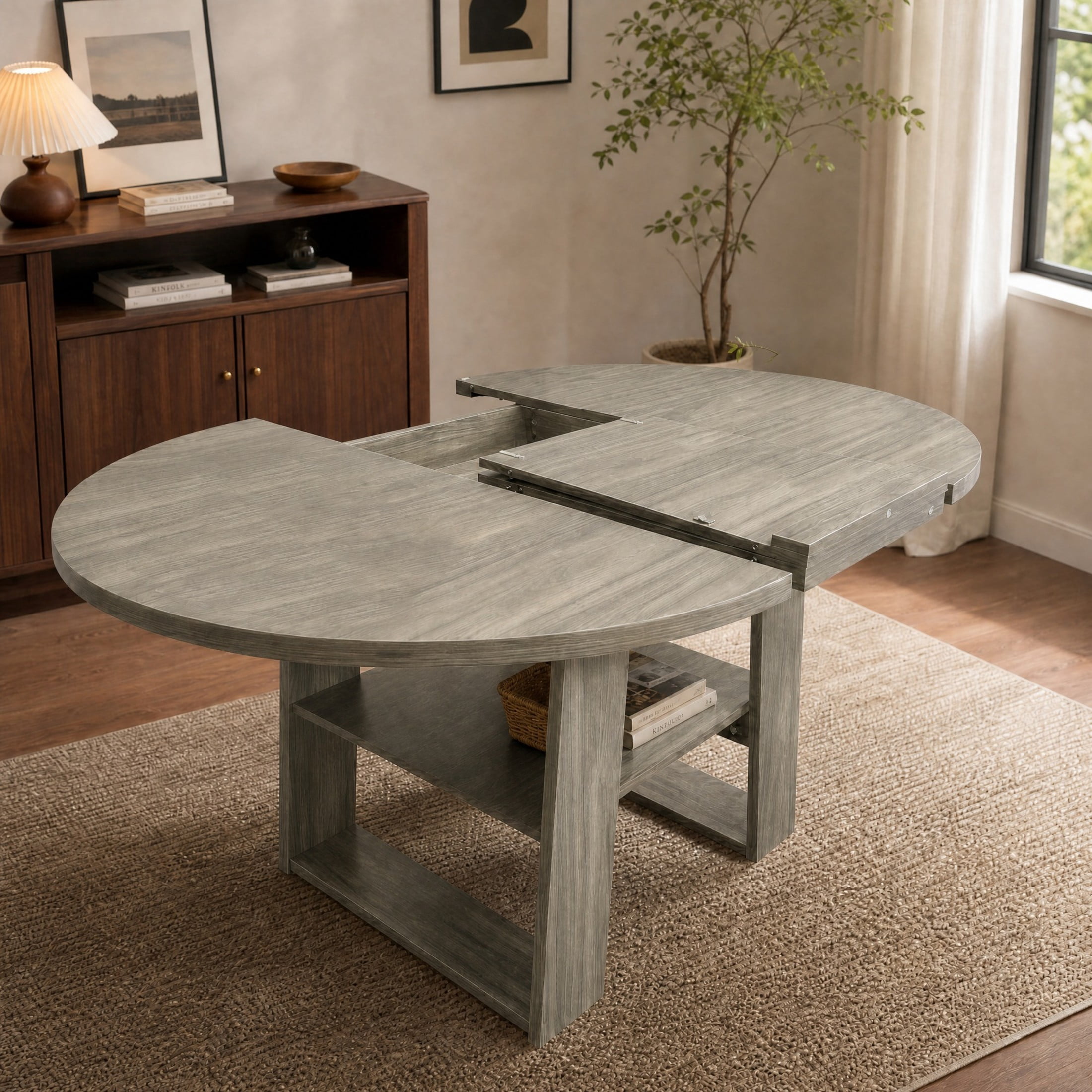Noble House 43.3"-59.05" Extendable Round Dining Table, Oval Kitchen Table with Storage Shelf, Gray