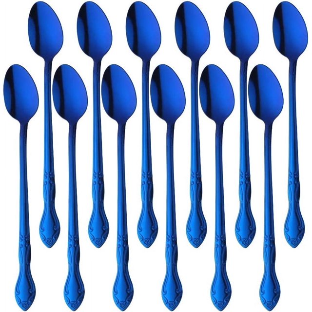 Iced Tea Spoon Set for 12 Coffee Spoon 7.9 -Inch Stainless Steel Spoon Set Ice Cream Spoon Long Spoon Dessert Spoon Milkshake Spoon-Blue