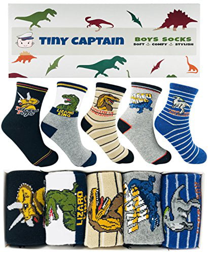 Tiny Captain Boy Socks Dinosaur Kids 4-7 Year Old & 7-10 Years Cotton Crew Gift Dino and Cars Socks